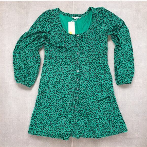 NEW Boden Button Front Jersey Mini Dress in Green Bee Tulip US 12 UK 16 - Picture 2 of 8